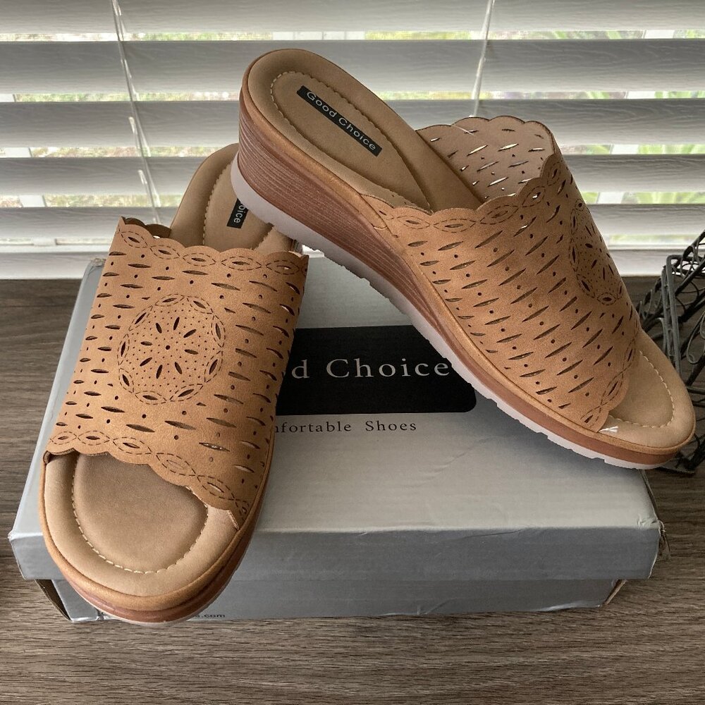 Good Choice Camel Perforated Slip On Wedge Sandal 10 Maddy